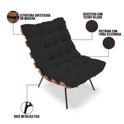 Kit 01 Poltrona E 01 Puff Costela Veludo Preto