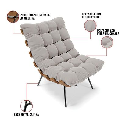 Kit 01 Poltrona E 01 Puff Costela Veludo Cinza