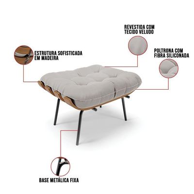 Kit 01 Poltrona E 01 Puff Costela Veludo Cinza