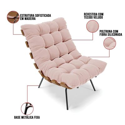 Kit 01 Poltrona E 01 Puff Costela Veludo Rosê
