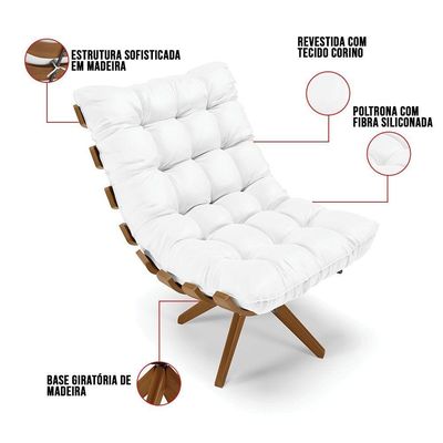 Kit 2 Poltronas Giratória Corino Branco Base Madeira D'rossi