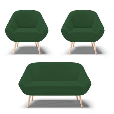 Kit 01 Namoradeira E 02 Poltronas Veludo Verde Natural