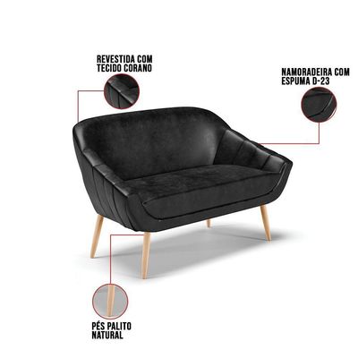 Kit 01 Namoradeira E 02 Poltronas Corano Natural Preto