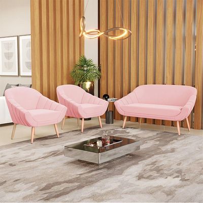 Kit 01 Namoradeira E 02 Poltronas Suede Natural Rosa Bebê