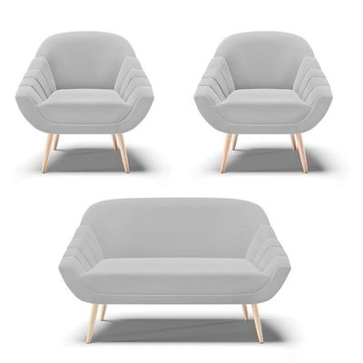 Kit 01 Namoradeira E 02 Poltronas Suede Natural Cinza
