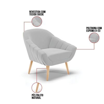 Kit 01 Namoradeira E 02 Poltronas Suede Cinza Natural