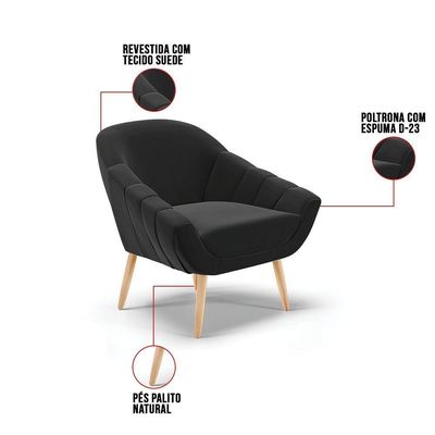 Kit 01 Namoradeira E 01 Poltrona Suede Preto Natural