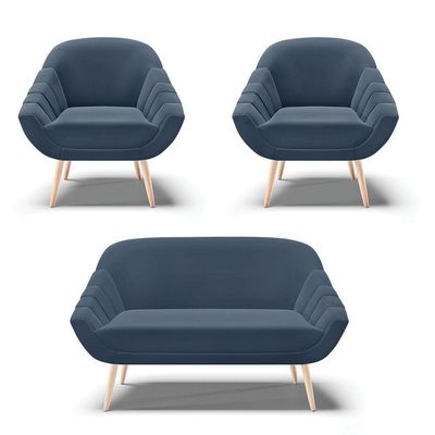 Kit 01 Namoradeira E 02 Poltronas Suede Azul Marinho