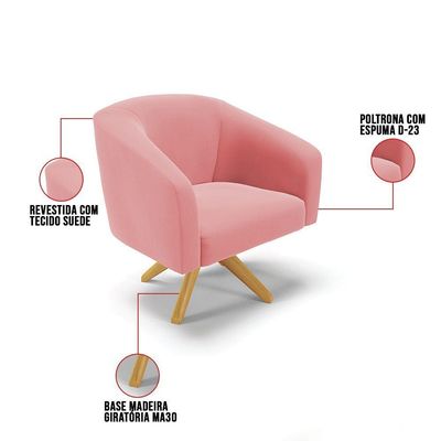 Poltrona Giratória Stella Suede Rosê Base Madeira Ma30