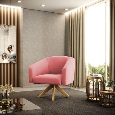 Poltrona Giratória Stella Suede Rosê Base Madeira Ma30