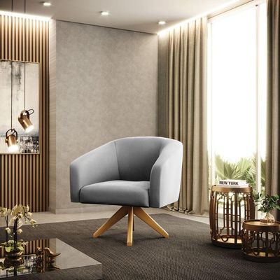 Poltrona Giratória Stella Suede Cinza Base Madeira Ma30