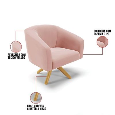 Poltrona Giratória Stella Veludo Base Madeira Ma30 Rose