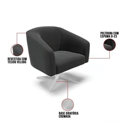 Poltrona Giratória Stella Veludo Base Cromada Preto