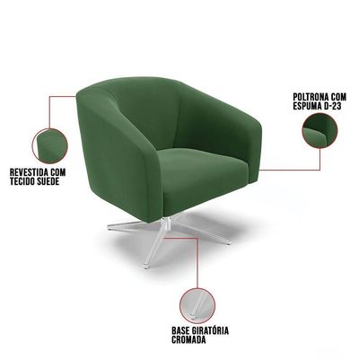 Poltrona Giratória Stella Suede Base Cromada Verde