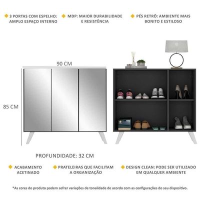 Sapateira Retrô Com Espelho 3 Portas Mp6022 Preta Branca
