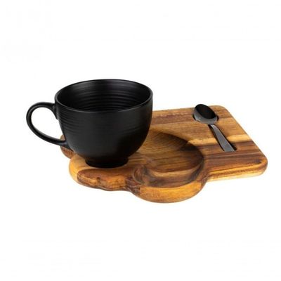 Xicara De Cha Ou Cafe E Bandeja Madeira Teca E Colher 195 Ml