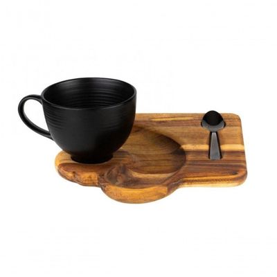 Xicara De Cha Ou Cafe E Bandeja Madeira Teca E Colher 195 Ml