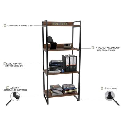 Kit 3 Estante Livreiro Prisma 60cm 4 Prateleiras C08 Nogal