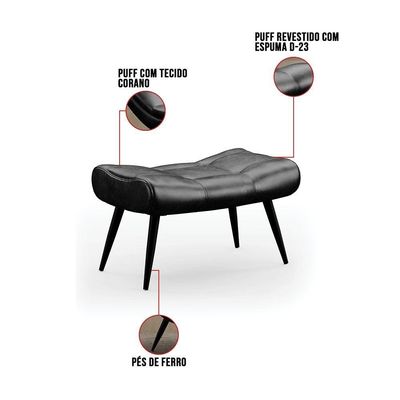 Kit 02 Puffs Sher Corano Pés Palito De Ferro Cor Preto