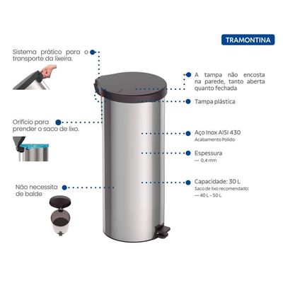 Lixeira Inox Com Pedal 30L New Tramontina Com Tampa Plástica