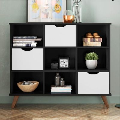 Estante Nicho Vintage Sabina Preto Com Gavetas Brancas