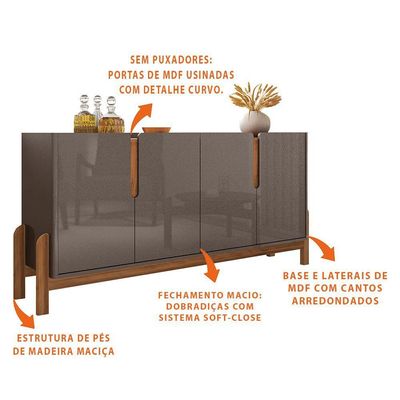 Aparador Buffet 4 Portas Belle 170 Cm Cinza Pérola E Cedro