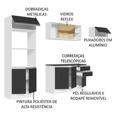 Armário De Cozinha Completa 100% Mdf 250cm 04 Branco/preto