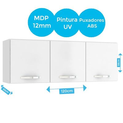 Armário Aéreo Light 120cm 3 Portas Branco Novo Tempo