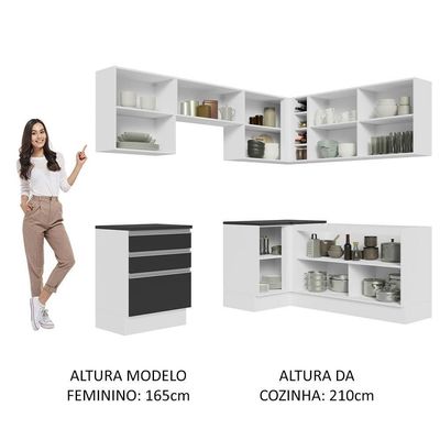 Armário De Cozinha Completa De Canto Mdf 409cm Branco preto