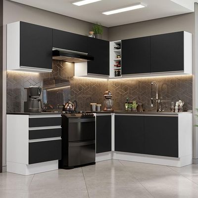 Armário De Cozinha Completa De Canto Mdf 409cm Branco preto