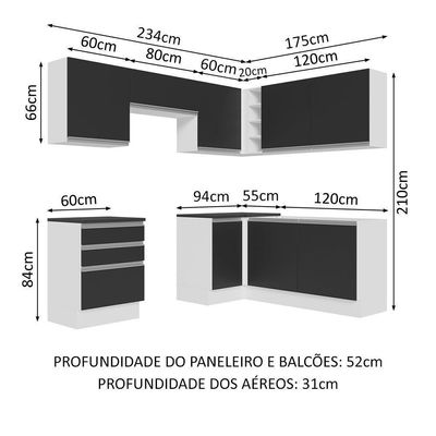 Armário De Cozinha Completa De Canto Mdf 409cm Branco preto