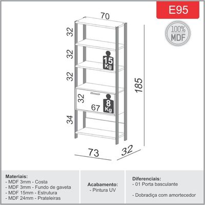 Estante 5 Prateleiras 1 Porta Basculante E95 Freijó/Preto 73