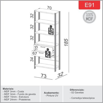 Estante 5 Prateleiras 2 Gavetas Freijó/Preto 73 X 32 X 185cm