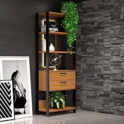 Estante 5 Prateleiras 2 Gavetas Freijó/Preto 73 X 32 X 185cm