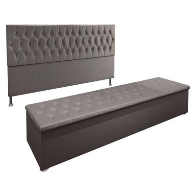 Kit Cabeceira e Calçadeira Baú King 1,95m Suede Cinza