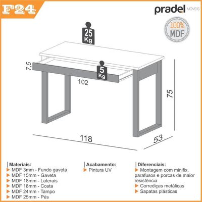 Mesa De Escritório 1 Gaveta 118 X 53 X 75cm F24 Industrial F