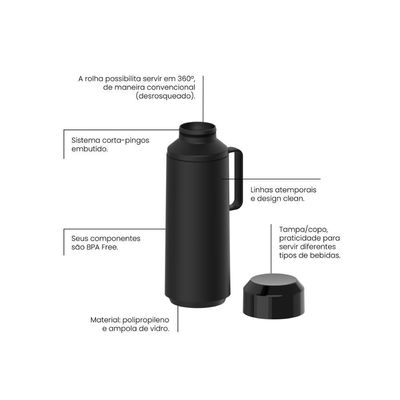 Garrafa Térmica Tramontina Preto Ampola De Vidro E Tampa 1L