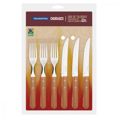 Jogo de Talheres Tramontina Churrasco com Laminas em Aço Inox e Cabos de Madeira Natural 12 Peças