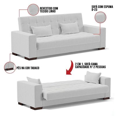 Sofá Cama 02 Lugares Lisboa Linho - D'Rossi Cor A05 Cinza
