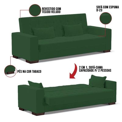 Sofá Cama 02 Lugares Lisboa Veludo - D'Rossi Cor Verde