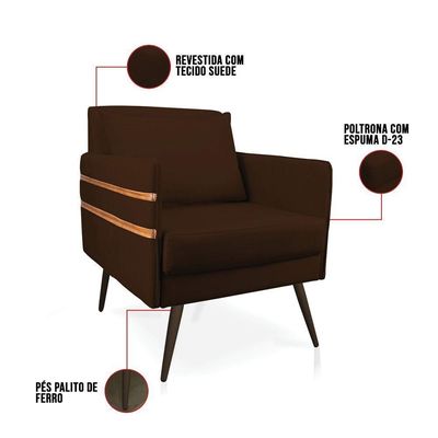 Poltrona Mari Suede Pés Palito De Ferro Marrom Marrom