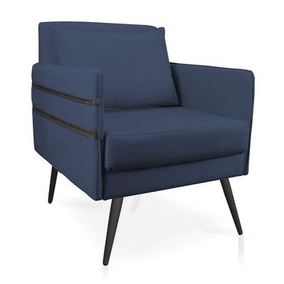 Poltrona Mari Suede Azul Marinho Pés Palito De Ferro Preto