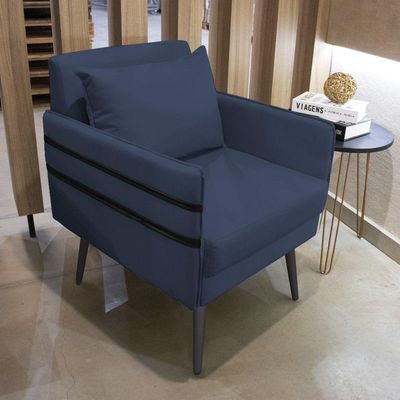 Poltrona Mari Suede Azul Marinho Pés Palito De Ferro Preto