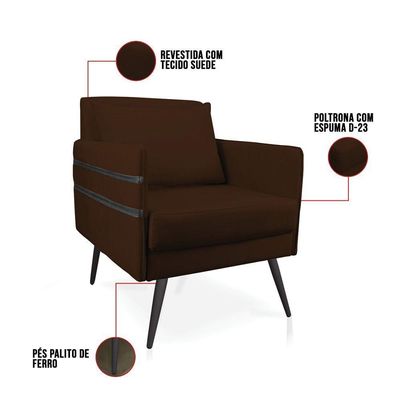 Poltrona Mari Suede Marrom Pés Palito De Ferro Preto D'Rossi