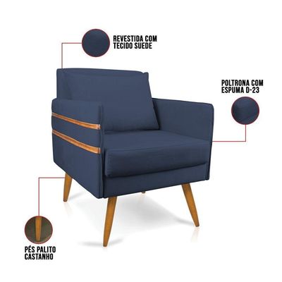 Poltrona Mari Suede Pés Palito Castanho D'Rossi Azul Marinho