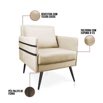 Kit 02 Poltronas Mari Suede Bege Pés Palito De Ferro Preto