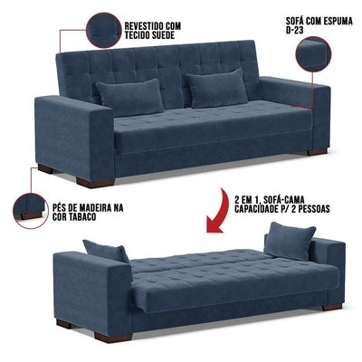 Sofá Cama 2 Lugares Para Sala De Estar Suede Azul Marinho