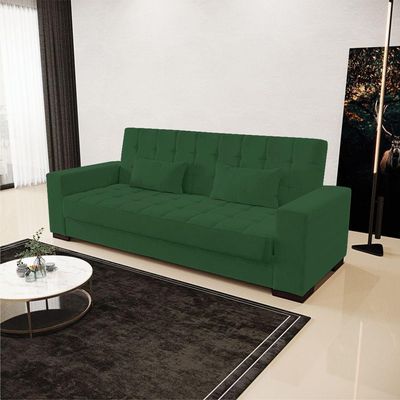 Sofá Cama 02 Lugares Veludo Verde Pés De Madeira