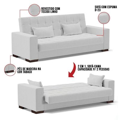 Sofá Cama 02 Lugares Linho Cinza Pés De Madeira