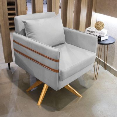 Poltrona Giratória Mari Suede Base De Madeira Ma30 Cinza